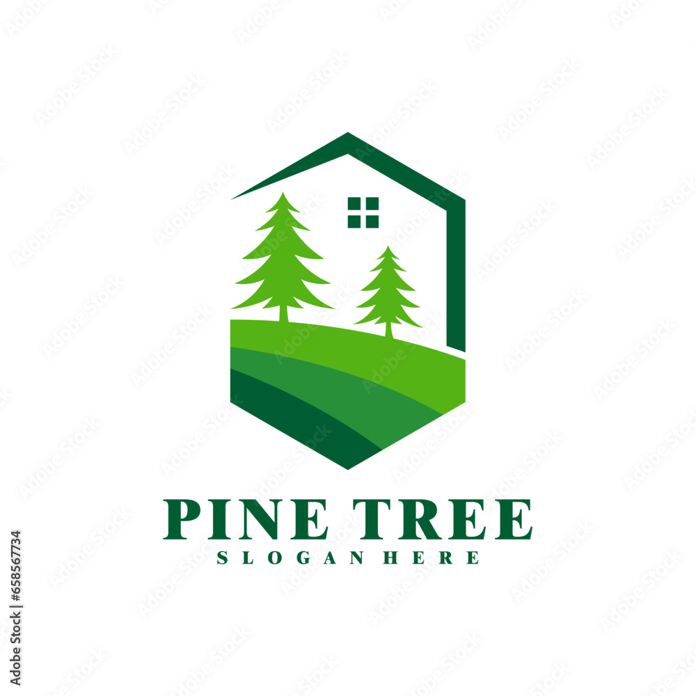 Pine Tree with House logo design vector. Creative Pine Tree logo concepts template Pine Tree with House logo design vector. Creative Pine Tree logo concepts template