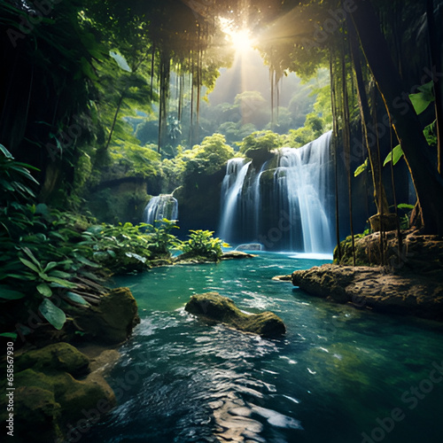 waterfall in the forest  waterfall  water  nature  forest  landscape  river  cascade  tree  stream  rock  green  park  stone  