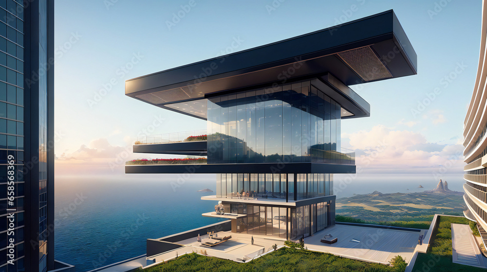 futuristic building of the city near ocean above view