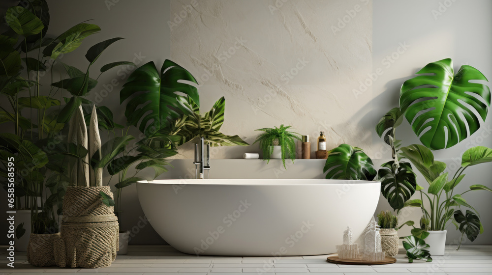 Luxurious tropical monstera half white style bathroom design idea with plants Stock Photo ...