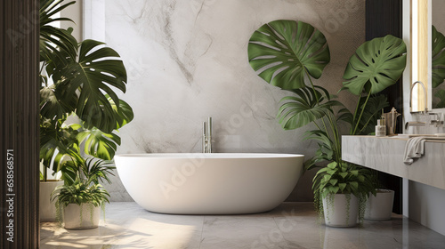 Luxurious tropical monstera half white style bathroom design idea with plants