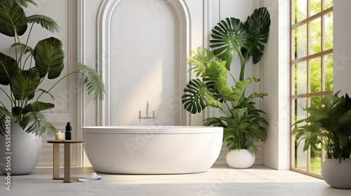 Luxurious tropical monstera half white style bathroom design idea with plants © EmmaStock