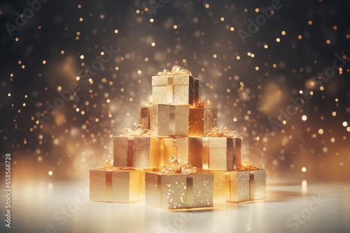 Present Gift Boxes forming a Pyramid Against Soft Bokeh Background - AI Generated