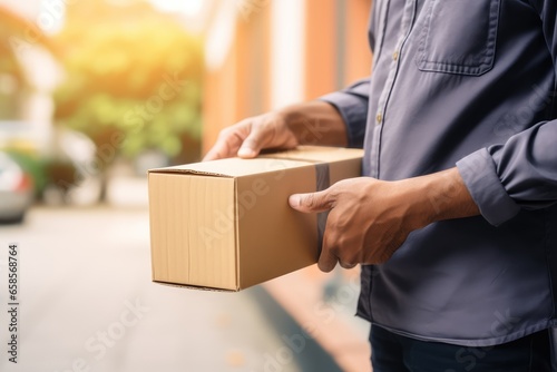 Delivering a Parcel to  a Reciever - Courier's Hands Holding a Package -   Close Up - Delivery - AI Generated