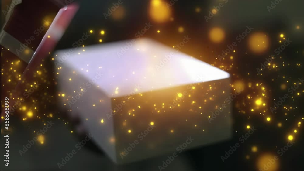 Christmas gift with shiny lights, Concept merry christmas and happy new year 2024, 2025   Opening magic box with golden glow and light inside. Surprise idea, secret gift ,happy valentines day