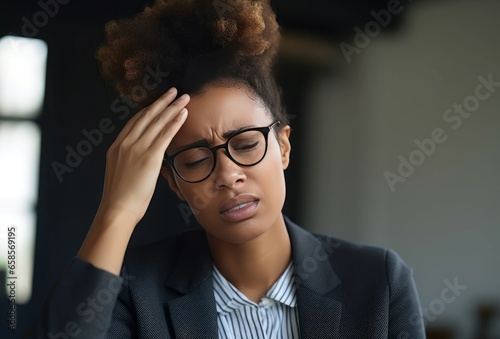 Woman having headache. Manager problem. Generate Ai photo