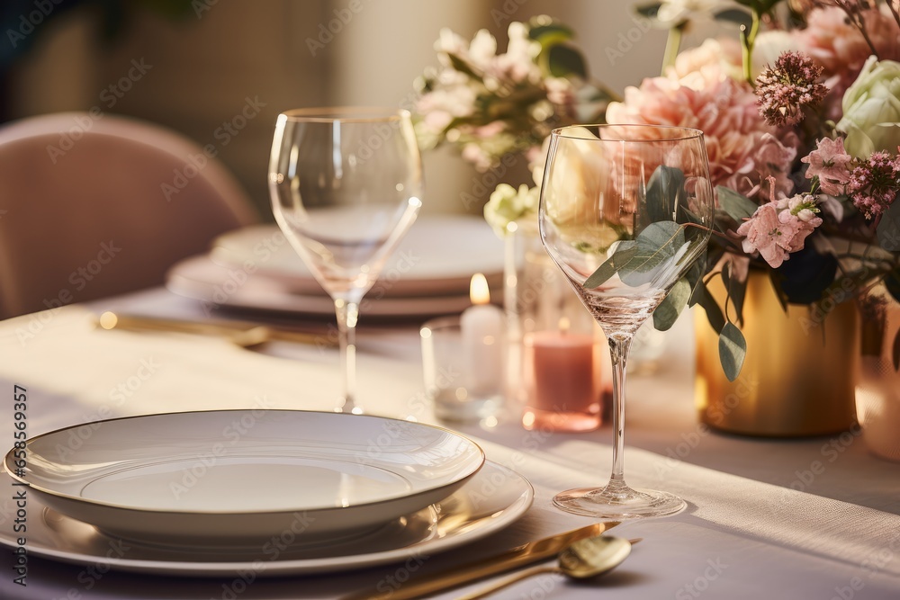 Thanksgiving table setting with a modern twist, pastel hues and gold cutlery - Contemporary Feast - AI Generated