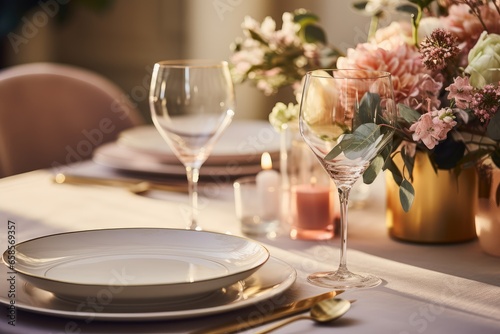 Thanksgiving table setting with a modern twist, pastel hues and gold cutlery - Contemporary Feast - AI Generated