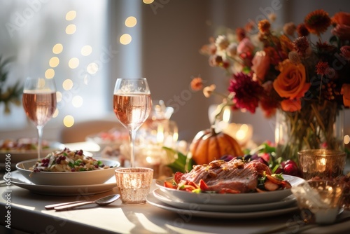 Festive dining table, warmly lit, adorned with a Thanksgiving feast, space for copy - AI Generated