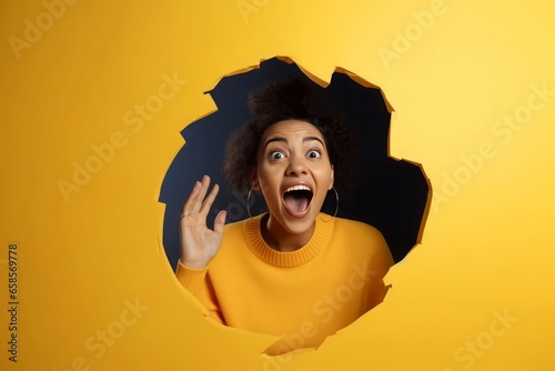 Woman surprised hole yellow. Emotional person. Generate Ai photo