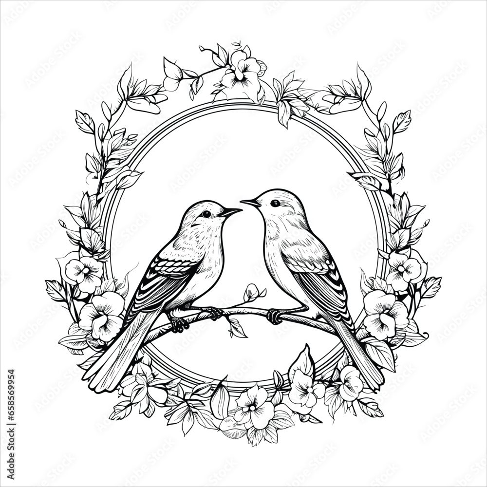 Fototapeta premium Hand drawn exotic love birds with vintage flower frame vector