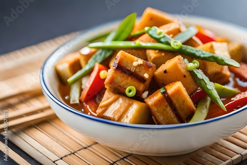 ﻿The main topic we are discussing is a plant-based meal called Tofu Stir Fry. The food is being photographed in a room that is bright with good lighting and has a plain background.. AI Generated