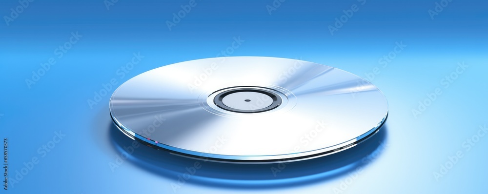 Gray CD on a blue background. Compact disc. Generative AI. Gray CD on a blue background. Compact disc. Generative AI.