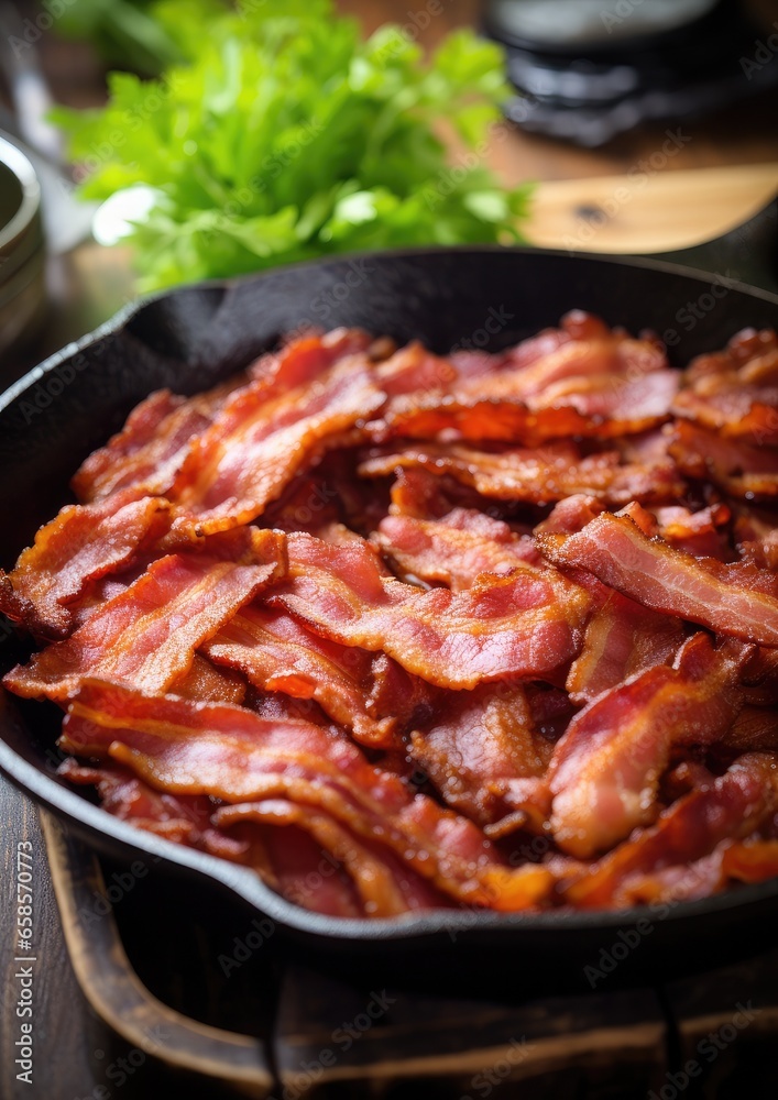 Crispy tasty slices of bacon in a bowl. Generative AI.