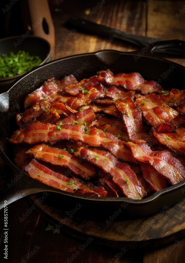 Crispy tasty slices of bacon in a bowl. Generative AI. Crispy tasty slices of bacon in a bowl. Generative AI.