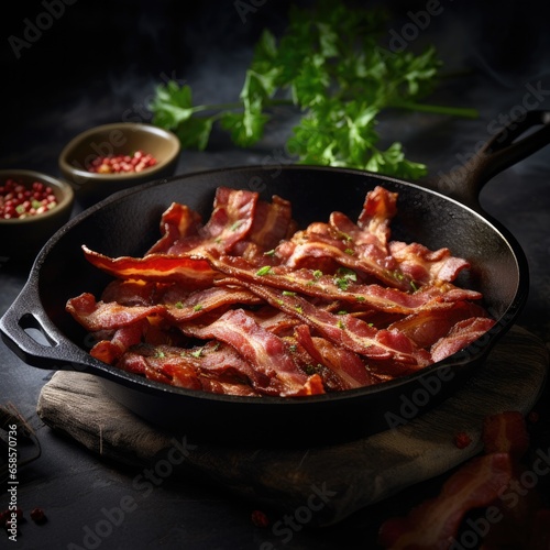 Crispy tasty slices of bacon in a bowl. Generative AI.