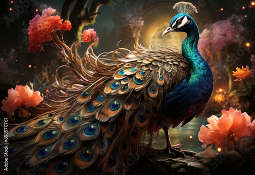 Beautiful peacock. Majestic magical plumage.