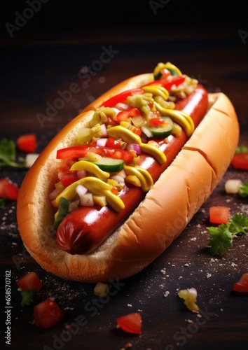 Tasty delicious hot dog close up on a dark background. Generative AI.