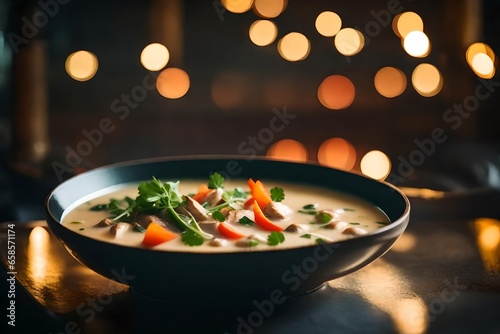 ﻿The camera is zoomed in on a dish called Tom Kha Gai, with a nice blurry background.. AI Generated photo