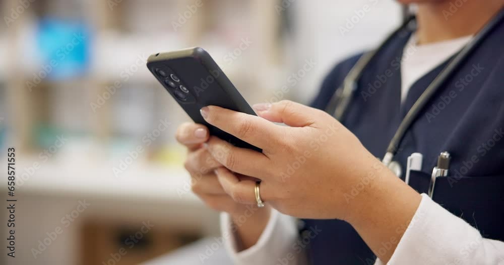Woman, phone and nurse typing for research, social media or communication at pharmacy or hospital. Closeup of female person, medical or healthcare doctor on mobile smartphone app for networking Woman, phone and nurse typing for research, social media or communication at pharmacy or hospital. Closeup of female person, medical or healthcare doctor on mobile smartphone app for networking