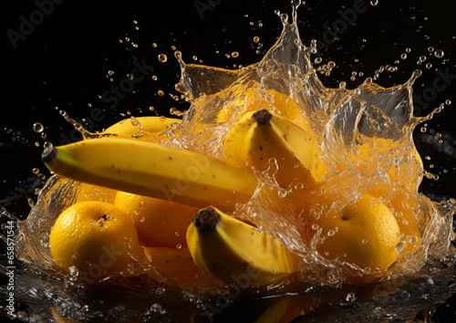 dojrzałe żółte banany wpadające do wody photo