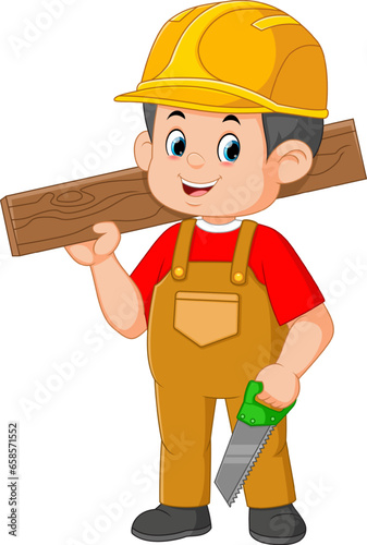 construction worker holding saw and wood