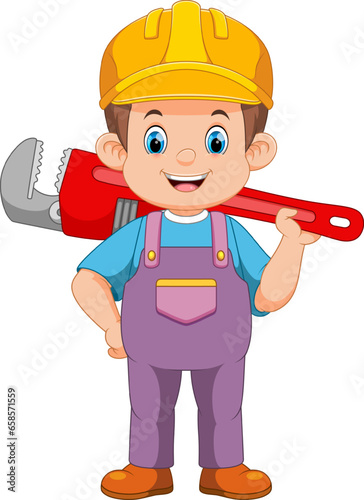 Friendly plumber wearing dressed in work clothes and carrying a tool