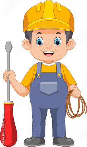 Electrician Engineer Working Man Character With Cable