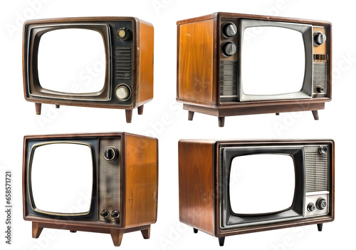 Set of retro wooden TV boxes cut out with frame screens cut out
