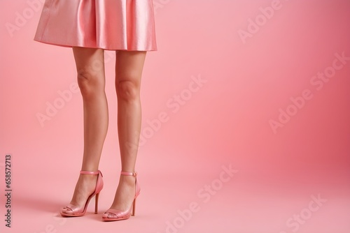 Cropped shot image of nice perfect long legs on the pink background. Women in short skirt. Shopping concept, commercial.  Generative AI. © Jolie