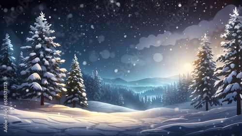 Snowy night with light garlands, falling snow, winter background