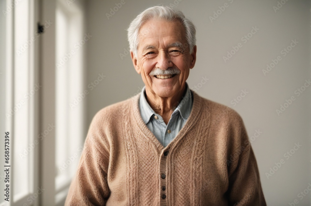 Happy Elderly man wearing a cozy sweater, standing against gray background, Winter Concept. Happy Elderly man wearing a cozy sweater, standing against gray background, Winter Concept.