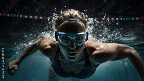 A swimmer or diver in motion, captured underwater with a clear view of the athlete and the surrounding aquatic scenery. © anarda