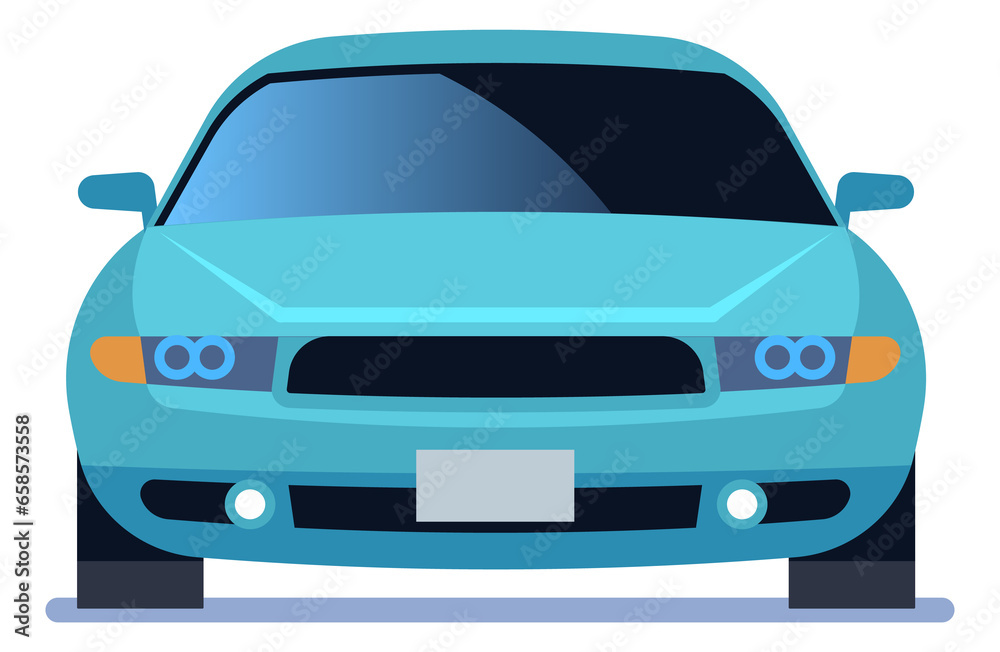 Blue car front view. City road sedan