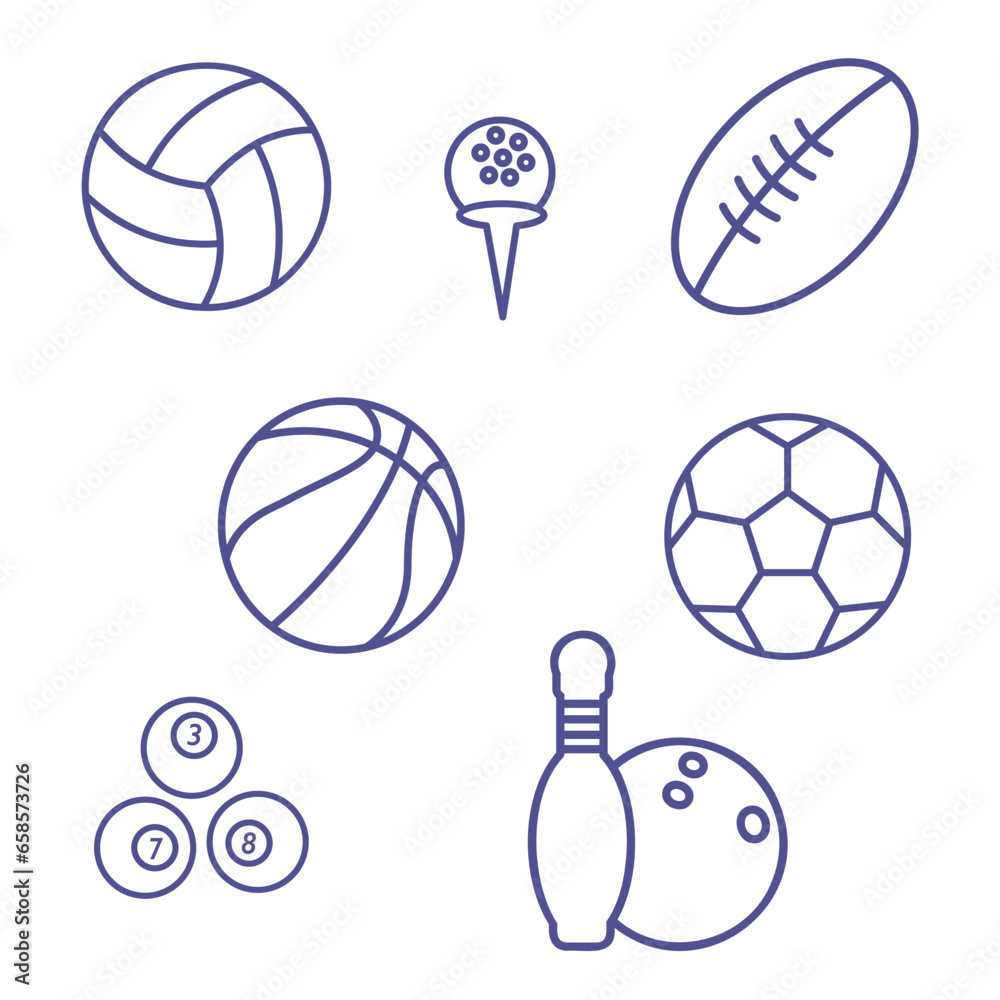 Ball icons for various sporting events in thin line. Vector flat illustration. A set of various projectiles for sports games. Ball icons for various sporting events in thin line. Vector flat illustration. A set of various projectiles for sports games.
