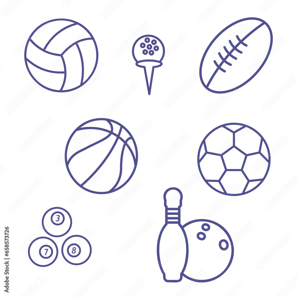 Ball icons for various sporting events in thin line. Vector flat illustration. A set of various projectiles for sports games.