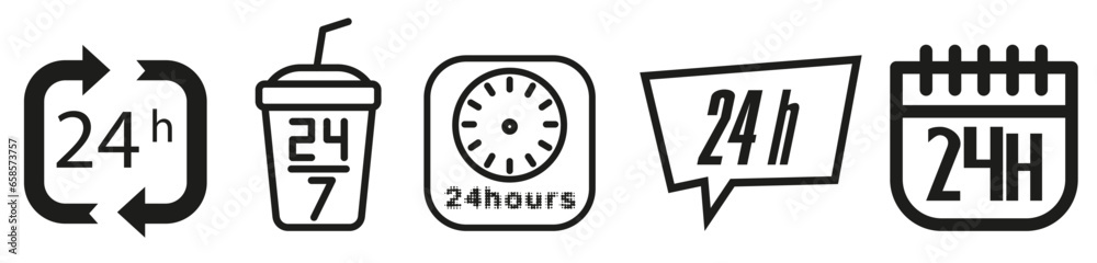 A simple set of illustrations of 24/7 operating elements. Set of square vector icons. Icons of shops or delivery services. A simple set of illustrations of 24/7 operating elements. Set of square vector icons. Icons of shops or delivery services.