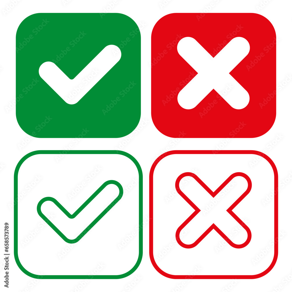 Buttons for voting, selecting elections. Set of checkmarks in square shapes. OK sign and X icon. Buttons for voting, selecting elections. Set of checkmarks in square shapes. OK sign and X icon.