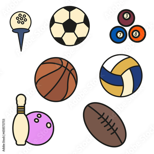 Colored balls with a dark outline for various sporting events. Vector flat illustration. A set of various projectiles for sports games.