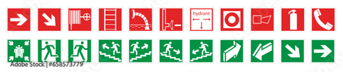 Signs of actions in case of emergency and fire. Emergency gathering place, actions in case of fire, first aid symbols.