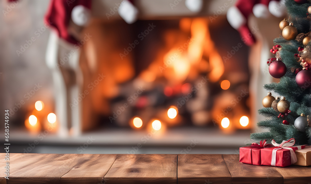 Christmas table with blurred fireplace backdrop Christmas table with blurred fireplace backdrop