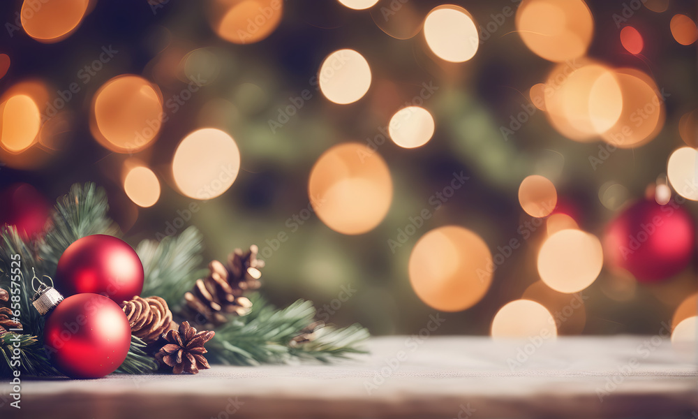 Empty wooden table, blurred Christmas background
