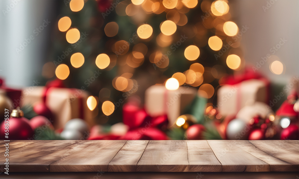 Empty wooden table, blurred Christmas background