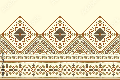 flower embroidery on cream background. ikat and cross stitch geometric seamless pattern ethnic oriental traditional. Aztec style illustration design for carpet, wallpaper, clothing, wrapping, batik. 