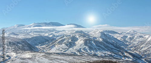 Mutnovsky volcano on the Kamchatka Peninsula in winter on a sunny day © bborriss