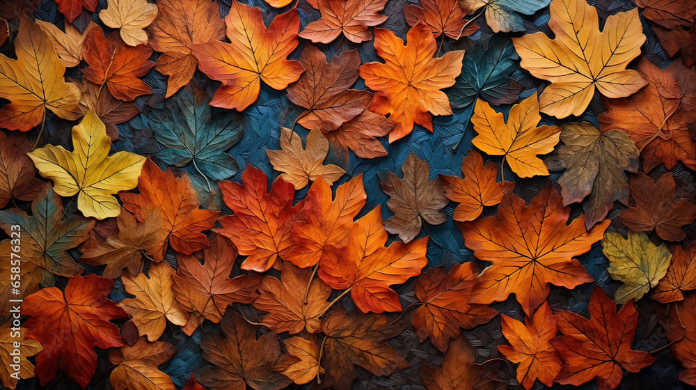 Layered autumn leaves creating a mosaic of colors. AI generative