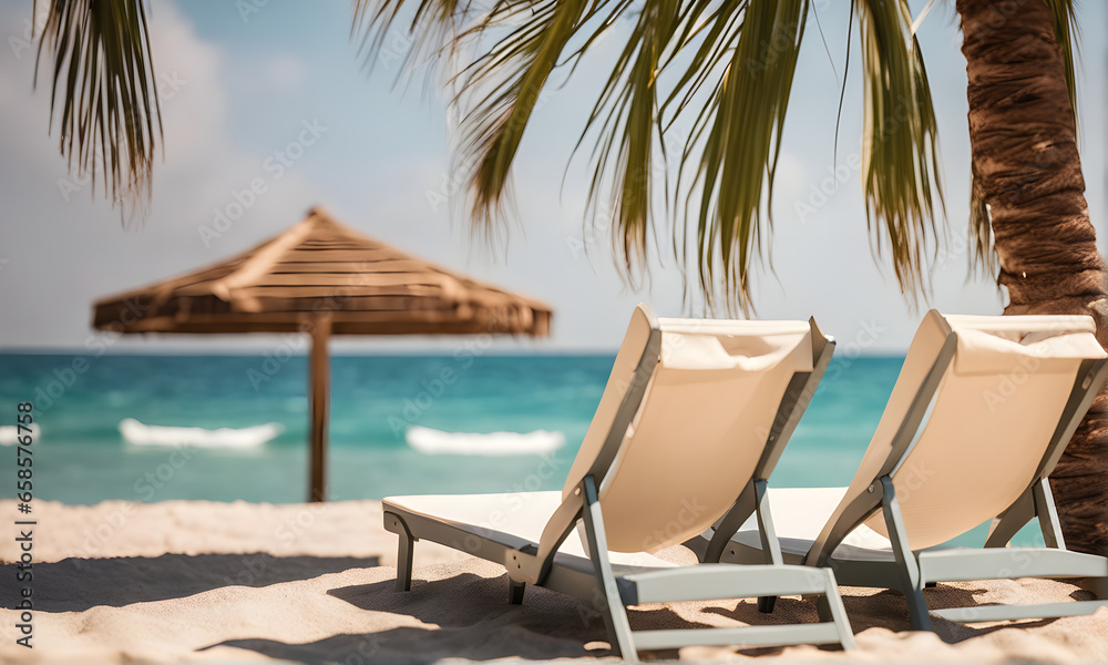 Relaxing beach vacation with a lounge chairs and palm trees