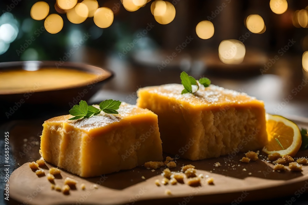 Look at this tasty dessert called Semolina Halva. It is served at a nice restaurant.. AI Generated Look at this tasty dessert called Semolina Halva. It is served at a nice restaurant.. AI Generated