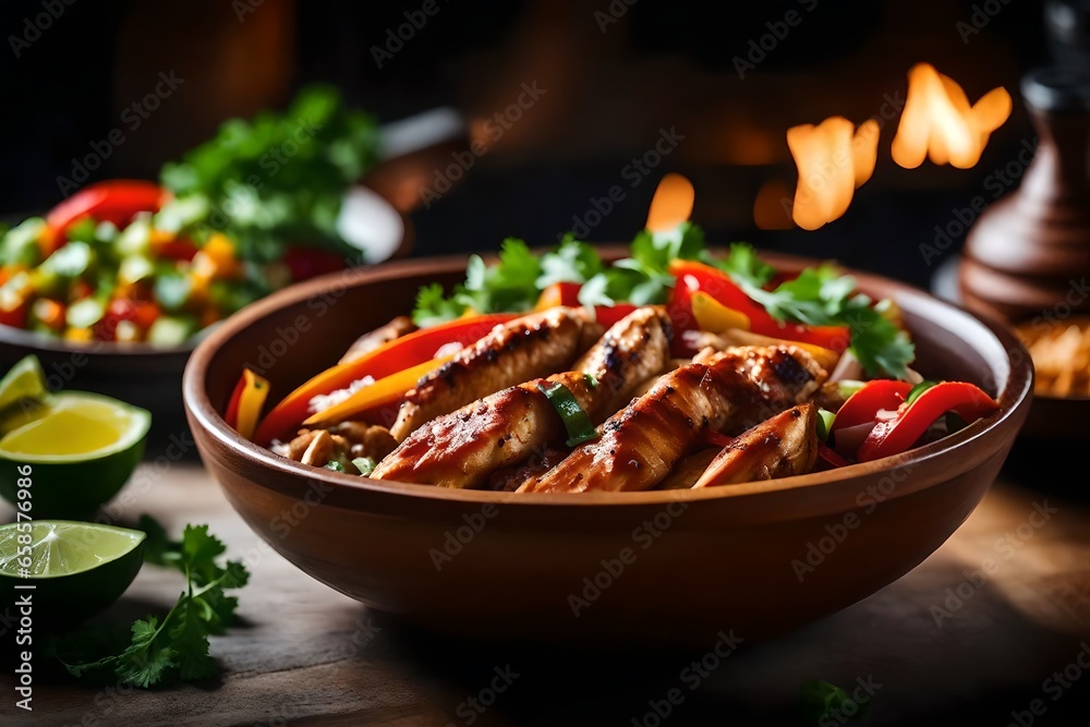 The camera is capturing a close-up photo of a Chicken Fajita Bowl, but the oven in the background looks fuzzy and not sharp.. AI Generated The camera is capturing a close-up photo of a Chicken Fajita Bowl, but the oven in the background looks fuzzy and not sharp.. AI Generated