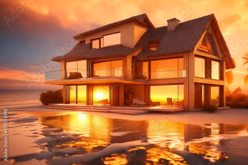 Beautiful House in typical yellow color on the beach with sea view during colorful sunset.